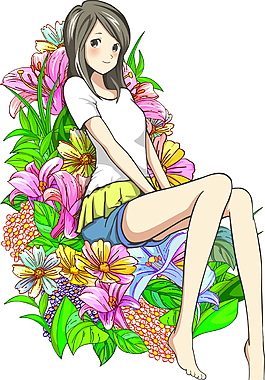花朵上的小女生插畫
