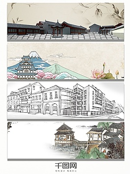 意境線條中國風景點banner背景
