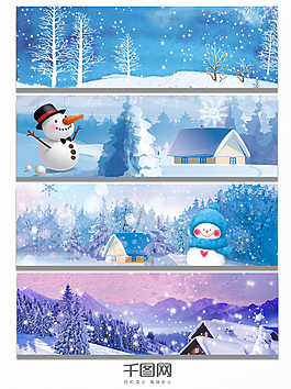 雪人蓝色冬季雪花banner背景