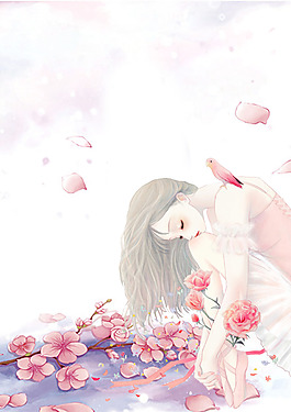 手繪櫻花浪漫女孩元素