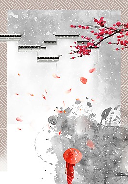 中國風雪花紅梅背景