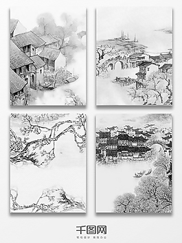 中国风水墨画江南城市背景图