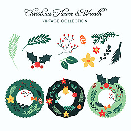 多種綠色圣誕花紅環裝飾元素
