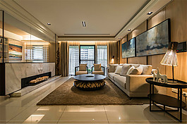 時(shí)尚輕奢客廳黃金色背景墻室內(nèi)裝修效果圖