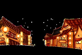 復(fù)古手繪村莊夜景素材