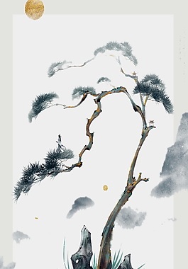 精美水墨迎客松海报背景