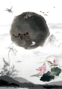 中國風荷花山水背景