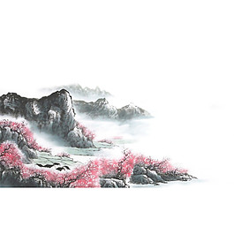 中國風粉色花朵水墨山水裝飾元素