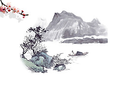 中國風粉色梅花水墨山水裝飾元素