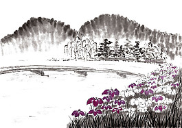 中國風(fēng)紫色小花水墨山水裝飾元素