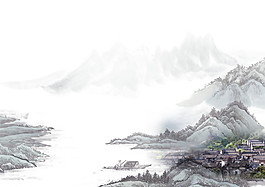 中國(guó)風(fēng)淺灰色水墨山水裝飾元素