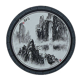 中國(guó)風(fēng)圓形邊框水墨山水裝飾元素