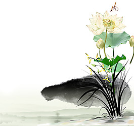 中國風綠色荷花水墨山水裝飾元素