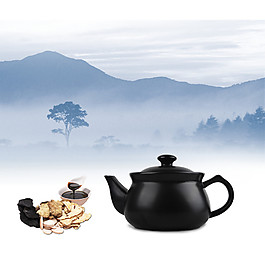 中國風茶壺水墨山水裝飾元素