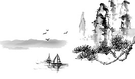 中國風(fēng)小帆船水墨山水裝飾元素