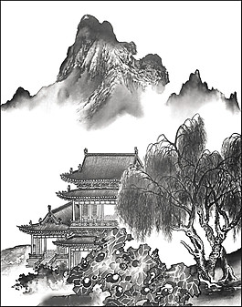 中國(guó)風(fēng)黑色植物水墨山水裝飾元素