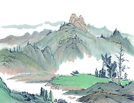中國風(fēng)綠色草地水墨山水裝飾元素