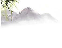 中国风淡绿色竹叶水墨山水装饰元素