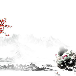 中國(guó)風(fēng)暗紅色花朵水墨山水裝飾元素