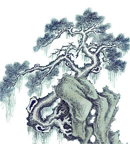 中國風藍綠色松樹水墨山水裝飾元素
