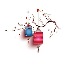 梅花树挂蓝红色灯笼png素材