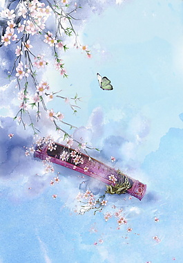 紫色古典古箏花朵海報背景設(shè)計