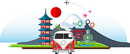 簡(jiǎn)約藍(lán)色手繪日本旅游裝飾元素
