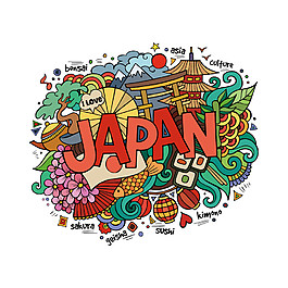 清新彩色手繪日本旅游裝飾元素