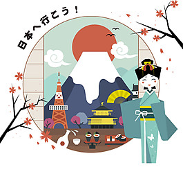 清新蓝色和服女生日本旅游装饰元素