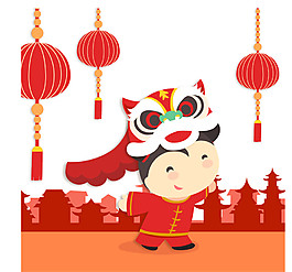 卡通中国风舞狮表演