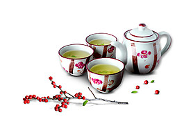 清新文雅玫紅色花紋茶具產品實物