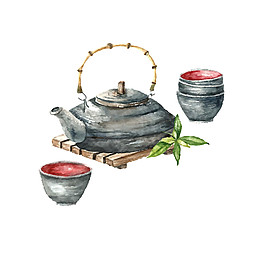 清新雅致灰色花纹茶具装饰元素