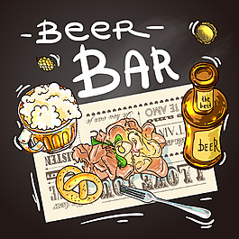 手繪卡通快餐和啤酒插畫