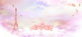 梦幻红色花瓣建筑背景
