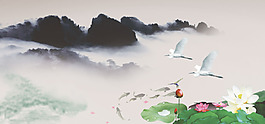 高山白云飞鸟水墨画banner背景