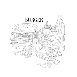 手绘线条卡通快餐插画