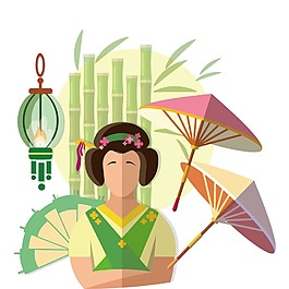 卡通雨傘折扇女人png元素