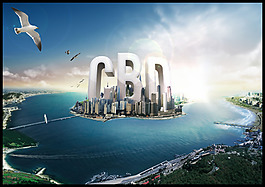 清新藍色湖泊建筑CBD背景