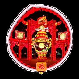 圆形手绘卡通新年复古城门装饰素材