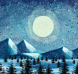 水彩繪冬季雪山森林風(fēng)景矢