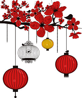 鲜艳红色梅花灯笼节日元素