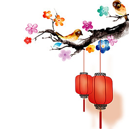 清新手绘彩色梅花灯笼节日元素
