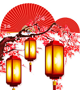 清新浪漫红色扇子方形灯笼节日元素