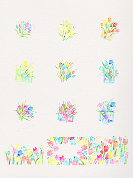 手绘彩色花卉卡通透明素材合集