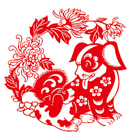 可爱花朵狗狗剪纸图案