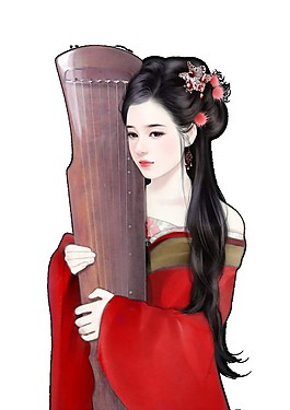 古典紅衣女抱琴裝飾元素