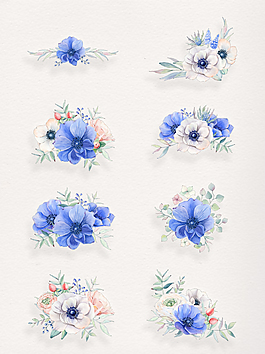 水彩藍(lán)色鮮花透明裝飾素材合集