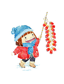 春節(jié)下雪天舉著燈籠的卡通女孩