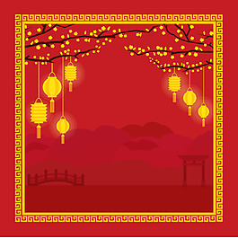 手繪黃色邊框燈籠紅色背景
