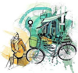 手繪女性和自行車插畫